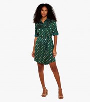 Apricot Green Metallic Spot Roll Sleeve Belted Mini Shirt Dress